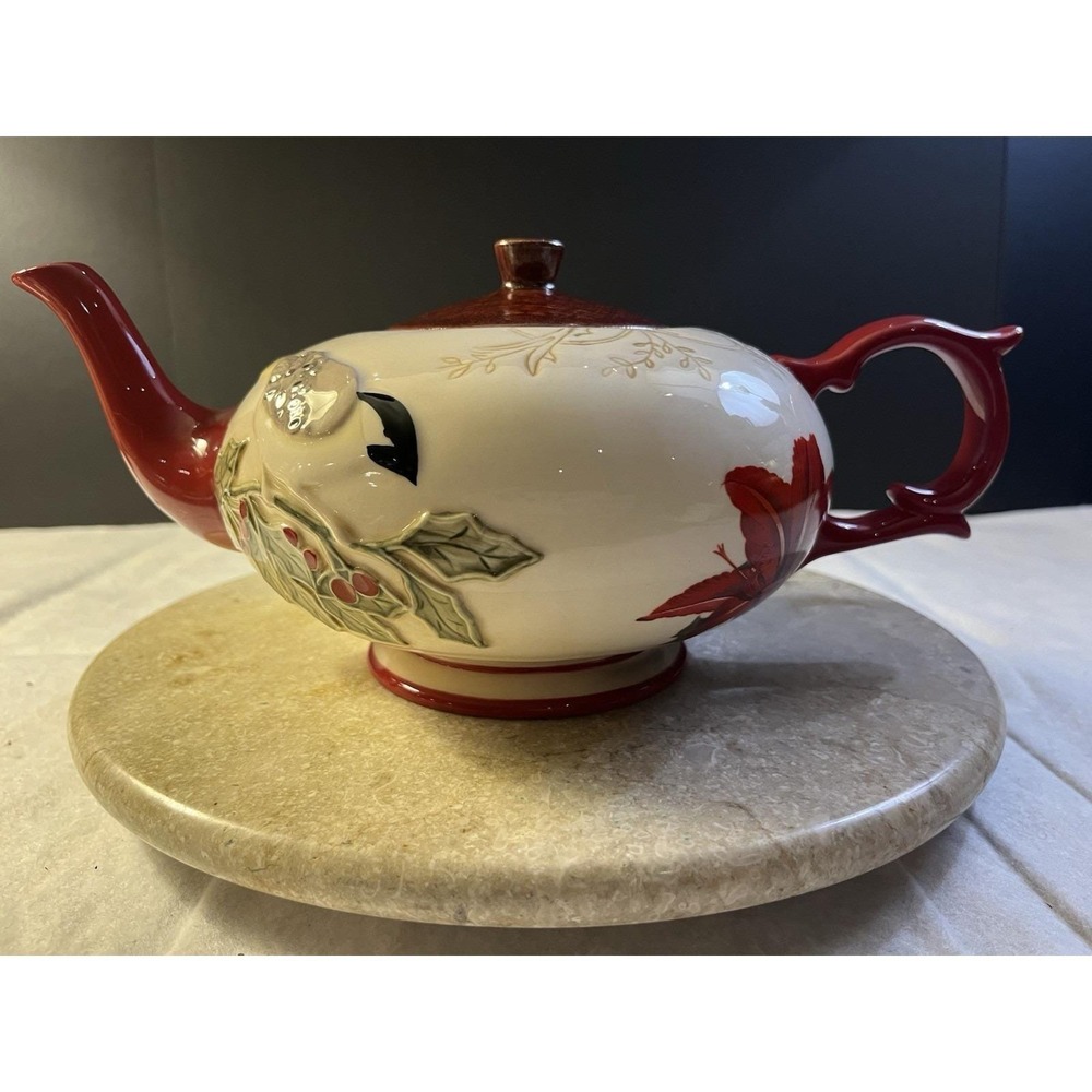 Grasslands Road Holiday Ceramic Poinsettia Tea Christmas Tea Pot Winter Holiday